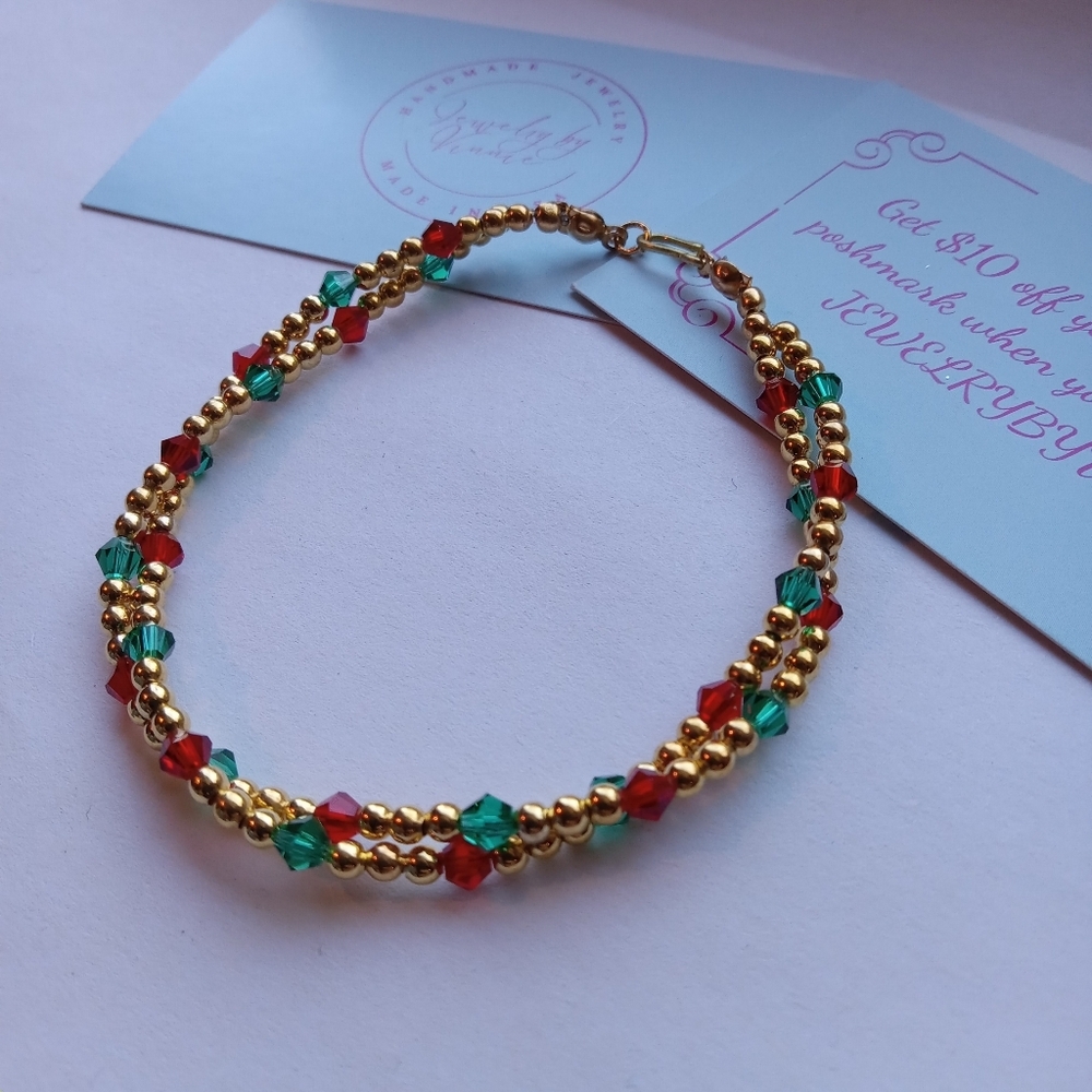 Hand Crafted Gold and Red Beaded Bracelet - Picture 3 of 7